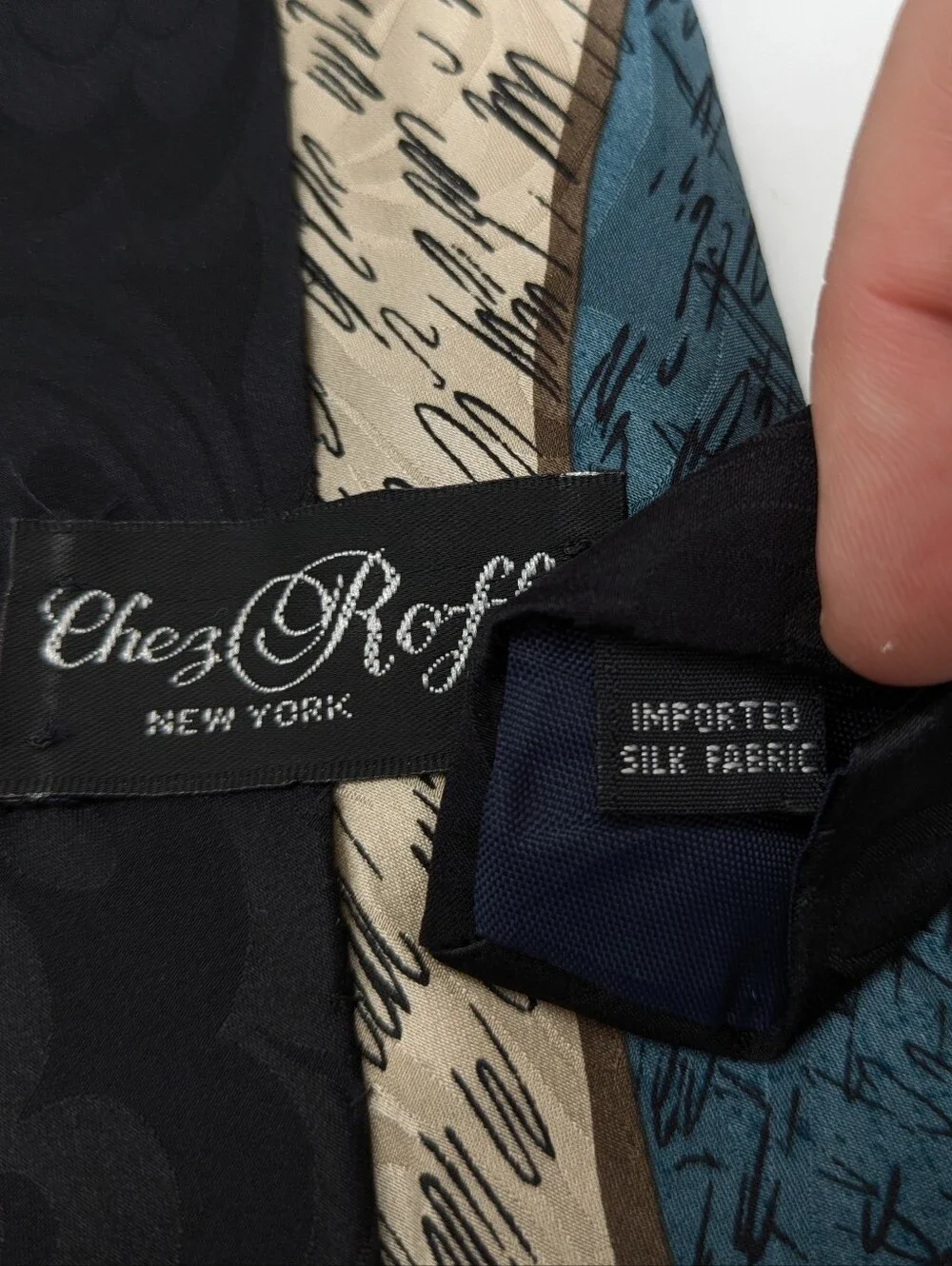 Vintage Chez Roffe Black Blue Cream Abstract Silk Mens Tie